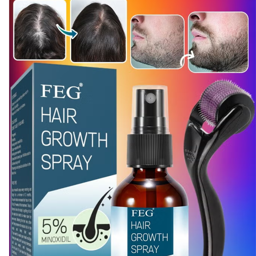 بخاخ نمو الشعر واللحية FEG بتركيز 5% مينوكسيديل (60 مل) مع ديرما رولر - الحل النهائي لتساقط الشعر وتكثيف اللحية