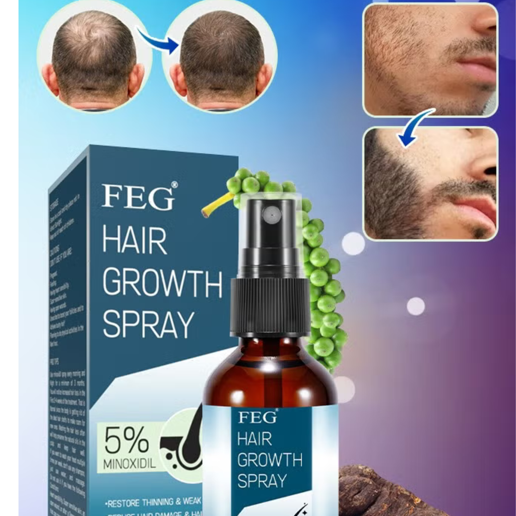 بخاخ نمو الشعر واللحية FEG بتركيز 5% مينوكسيديل (60 مل) مع ديرما رولر - الحل النهائي لتساقط الشعر وتكثيف اللحية